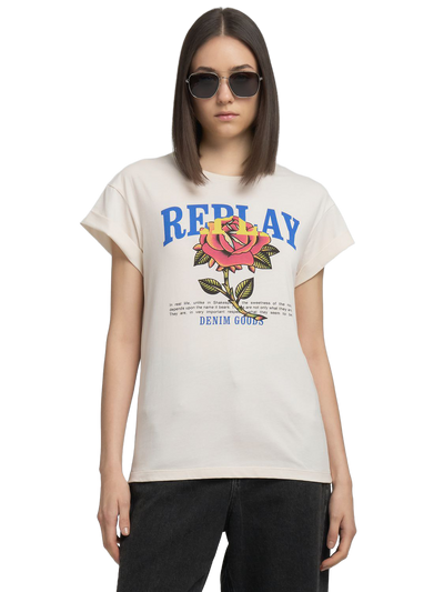 Jersey T-Shirt With Rose And Logo Print