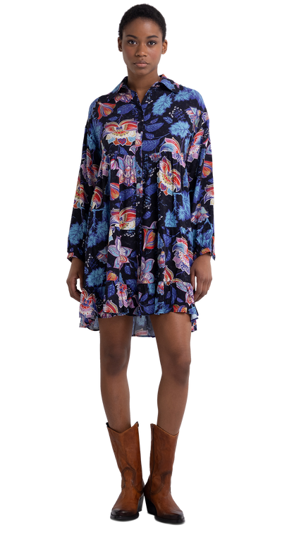 SHIRT DRESS WITH FLORAL FRILLS